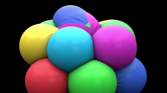 A vibrant abstract concept of colorful soft spheres clustered together. 3D rendering of playful, squishy balls on a black background.