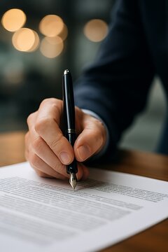 A person meticulously signs a formal document on a wooden desk with a fountain pen in a bright office
