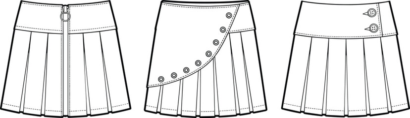 Obraz premium Pleated skirt designs, zipper detail, flap closure, wide waistband, fashion sketch, garment illustration, button accent, stylish clothing concept