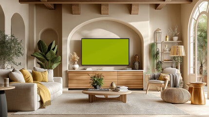 Serene living room interior with modern decor and a green screen television set offering versatility