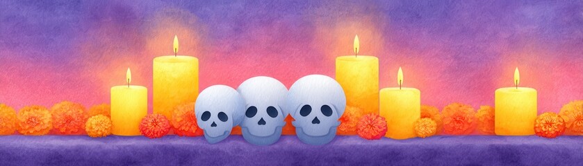 Obraz premium An artistic representation of Day of the Dead, with skulls and candles set against a vibrant backdrop. The scene evokes a sense of remembrance and festivity.