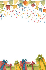 Happy birthday card At the top there are garlands and confetti, at the bottom there are boxes with gifts