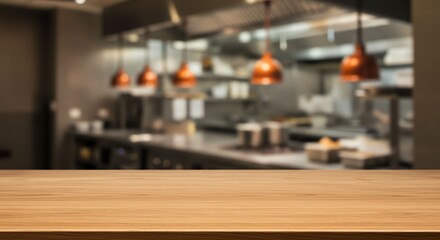 Obraz premium Empty Wooden Countertop in Modern Restaurant Kitchen with Copper Pendant Lights
