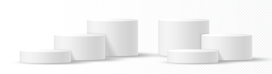 3D realistic white round 3 steps podium or product display on transparent background. stage, cylinder stand, pedestal for product display showcase, promotion sale banner. vector Illustration