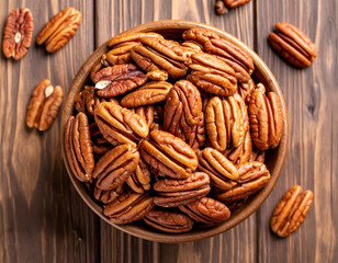  a bowl of pecan on a wooden background