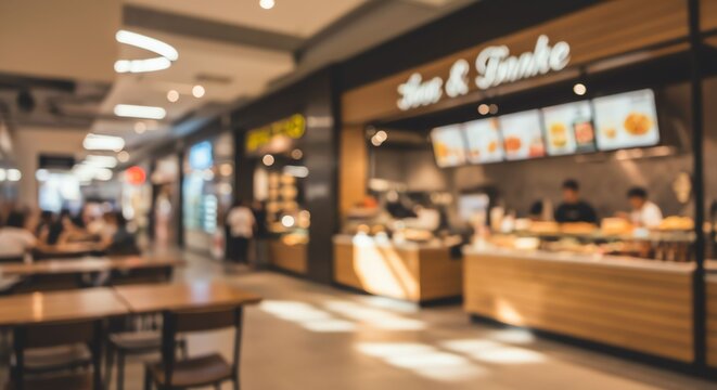 Modern Food Court with Bright Lighting and Casual Seating in Shopping Mall - Powered by Adobe
