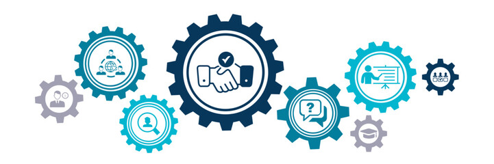 Obraz premium HR / human resources / talent management vector illustration. Blue concept with icons related to work & recruitment, employment, job offer, candidate / applicant interview by recruiter, career advice.