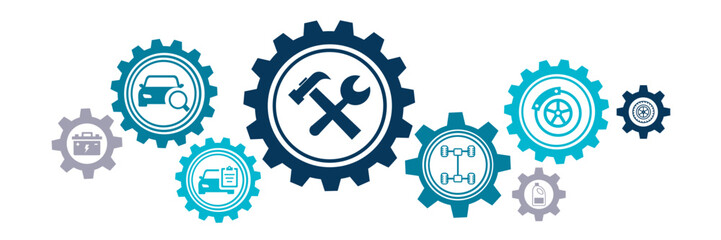 Car / auto repair vector illustration. Concept with icons related to car service and inspection, motor check, oil change, automotive maintenance, vehicle or automobile repair shop.