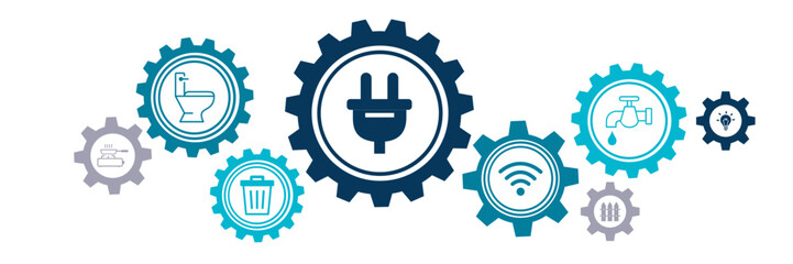 Public utilities vector illustration. Concept with connected icons related to water supply, electricity, gas, sanitation, household waste including internet access and telephone line. 