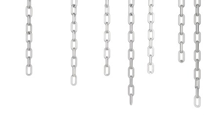 Multiple metallic chains hang vertically against a white background, varying in length