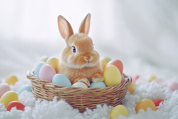 Bunny sits in basket of eggs. Easter concept. Pastel colors, soft focus, bright, adorable. Use for greetings, web, design.