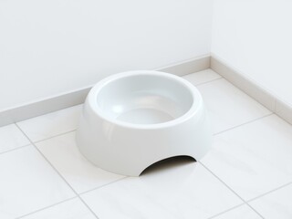 A minimalistic white pet bowl sits on a tiled floor in a bright corner of a room with white walls