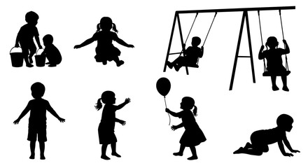 Black Silhouettes of Children Playing, Swinging, Crawling, Standing, and Holding a Balloon