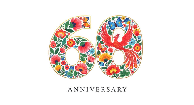 Vibrant Folk Art Style Number 60 with Floral Patterns, Phoenix, and Butterflies