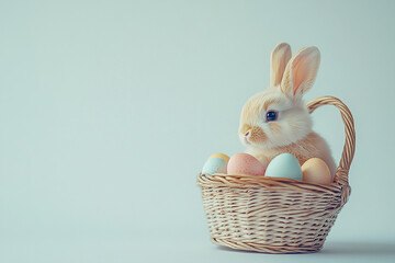Bunny sits in Easter basket. Cute rabbit with eggs, soft pastel colors, for greeting cards, web, ads, design.