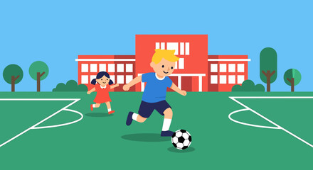 Fototapeta premium Children play soccer on sports field illustration fun outdoor activity