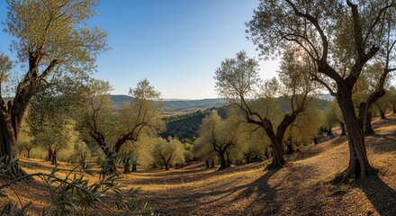 Ancient Olive Grove Bathed in Golden Sunlight, Rolling Hills Landscape
