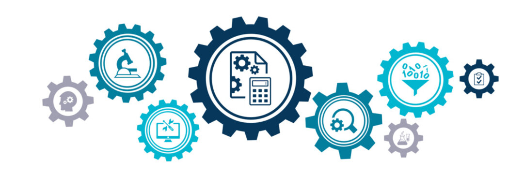 Research & development vector illustration. Concept with connected icons related to project management, product design or engineering, business development, r&d process using technology, engineering.