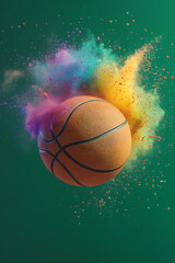 Fototapeta premium A dynamic basketball bursting through a colorful explosion of powder, set against a green backdrop