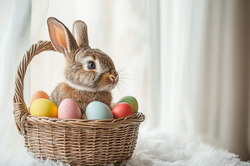 Easter Bunny peeks from basket filled with eggs. Spring animal sits indoors. Marketing, design, or web use.