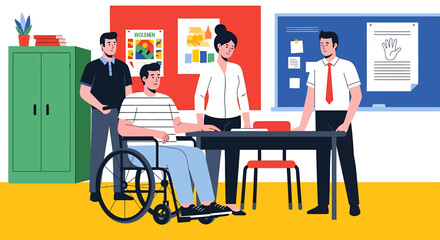 Naklejka premium Inclusive workplace illustration people in wheelchair team collaboration