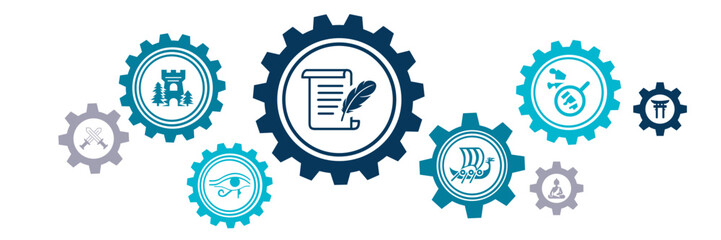 History / archaeology / archeology vector illustration. Concept with icons related to science class, school, historical events, knowledge or education, or study of ancient culture.