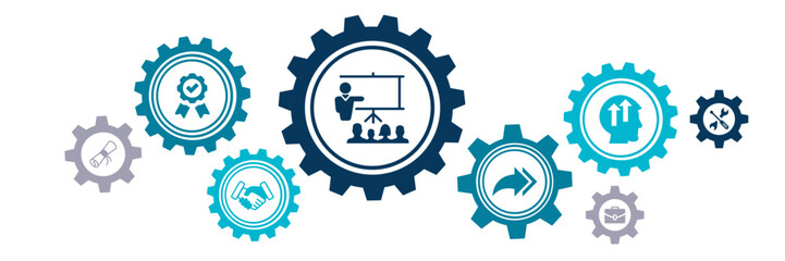 Apprenticeship / traineeship vector illustration. Blue banner related to apprentice, intern or trainee mentoring program, job training or coaching, training on the job, vocational / practical learning