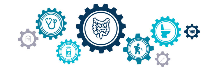 intestinal disease vector illustration. Concept with connected icons related to irritable bowel disease, inflammatory bowel syndrome, colitis ulcerosa or stomach pain. 