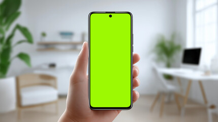 Hand holding smartphone with green screen for content replacement in modern space, ideal for