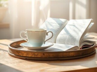 Fototapeta premium A cup of tea and an open book on a wooden tray in a brightly lit room near a window with curtains