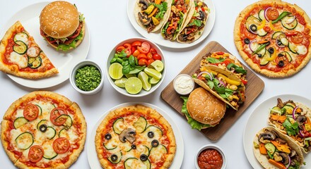 Variety of Fresh Pizza and Tacos with Vegetables and Drinks on White Table
