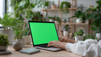 Working from home with green screen laptop surrounded by plants promoting calm and productivity