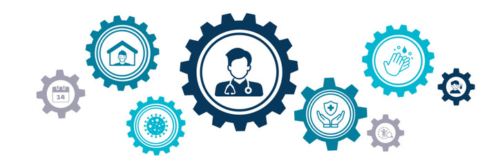 Quarantine vector illustration. Concept with connected icons related to isolation, social distancing, travel restriction during the corona virus outbreak.