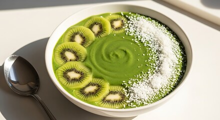 Green Smoothie Bowl with Kiwi, Chia Seeds, and Coconut – Healthy Vegan Breakfast Flatlay