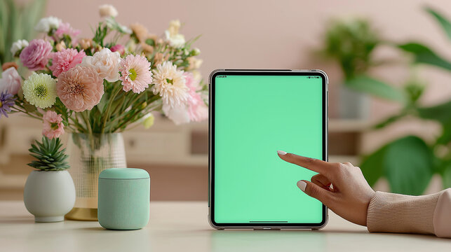 Woman's Hand Interacting with a Tablet with Green Screen Display Amidst Floral D?cor