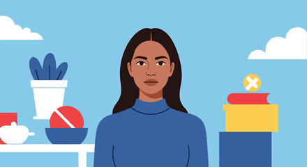 Woman portrait illustration with blue background clouds and books styled vector