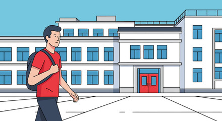 Young man walking towards school building education daily life illustration