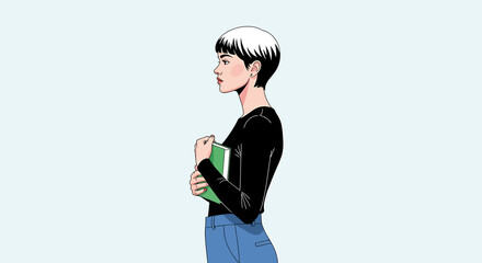 Naklejka premium Young person holding book profile illustration minimalist style education vector graphic