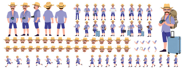 Traveler character model sheet, Character poses, expressions, Walk cycle, Run cycle animated character sequences.