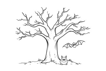 Cute Cartoon Tree with Bat and Animal Illustration for Halloween. Ai Generated Images