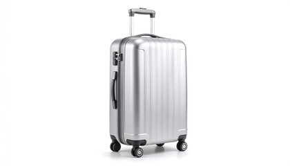 Silver suitcase with retractable handle and wheels, isolated on white