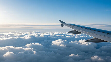 Airplane wing in high-altitude sea of clouds, travel, business trip, transportation scene