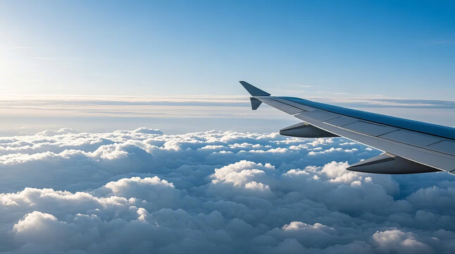 Airplane wing in high-altitude sea of clouds, travel, business trip, transportation scene