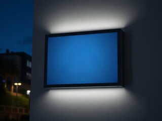 Fototapeta premium Illuminated blue screen display mounted on a wall with a building visible in the background at night