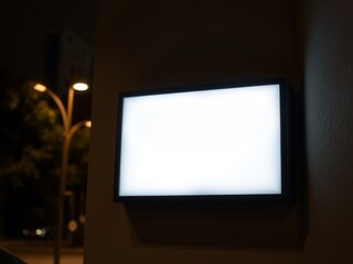 Fototapeta premium Illuminated blank sign mounted on a wall at night with street lights visible in the background