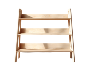 Three-Tier Wooden Book Display Shelf with Angled Racks, Front View, Transparent Background PNG