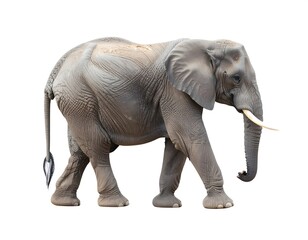 Fototapeta premium An adult African elephant walking, profile view against a white background