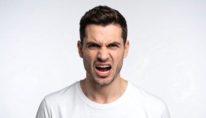 Close-up of angry young man in white shirt against plain background