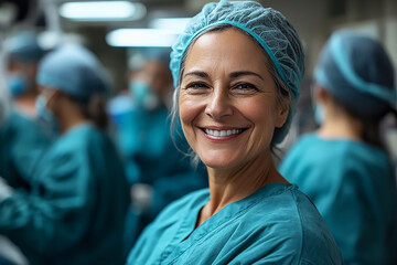 Smiling Surgeon Stands in Operating Room, Health Concept. Use for web, design, and editorial content.