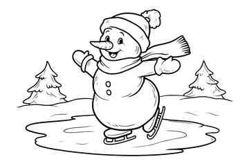 Line Art Cheerful Snowman Ice Skating Winter Scene Illustration. Ai Generated Images